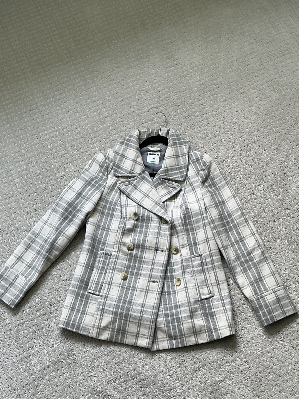 Old Navy Light Gray Plaid Double-Breasted Peacoat